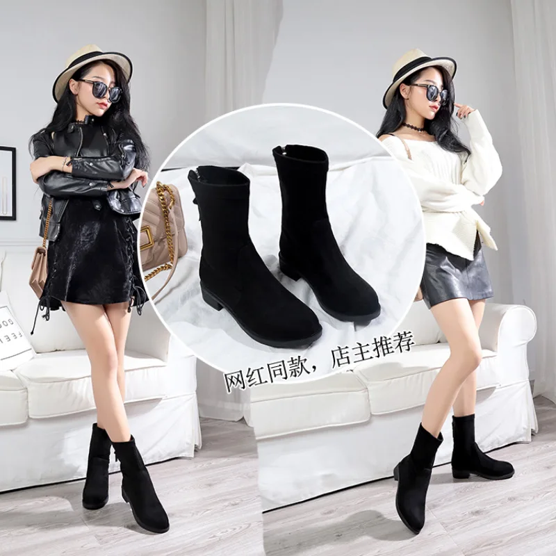 

Women's Boots 2018 Autumn And Winter New Style Western Style Versatile Martin Boots Chunky Semi-high Heeled Suede round-Toe afte