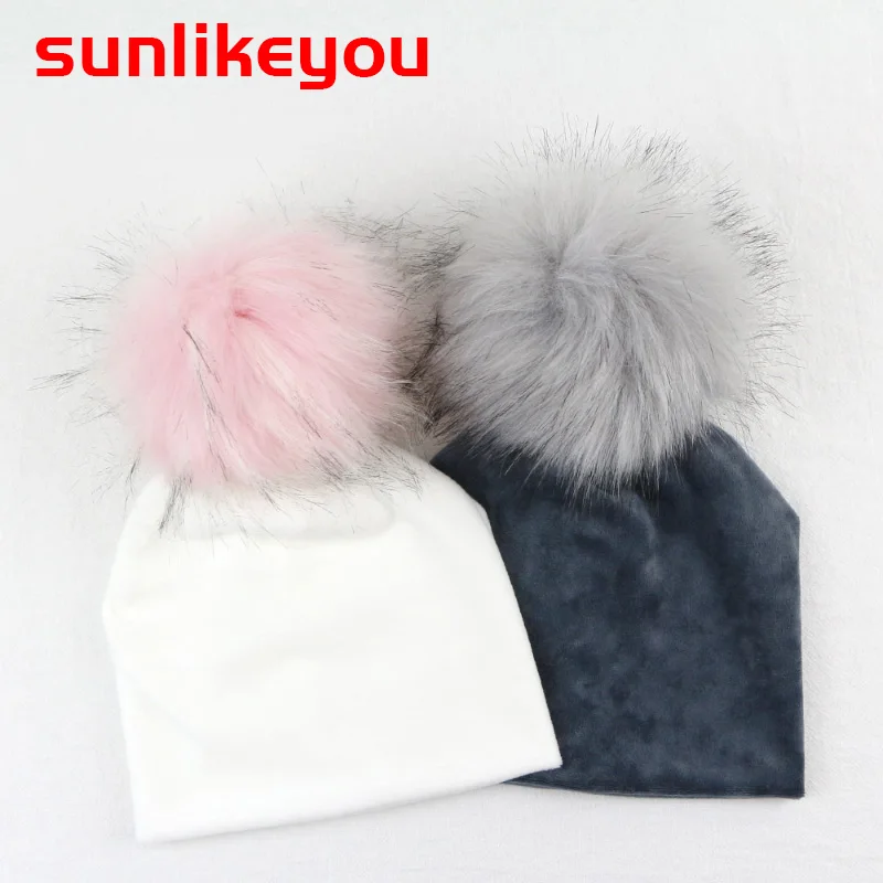 Sunlikeyou/осенне-зимняя теплая Вельветовая Шапка-бини для детей, помпон с искуственным мехом для мальчиков и девочек, хлопковая шапка для малышей