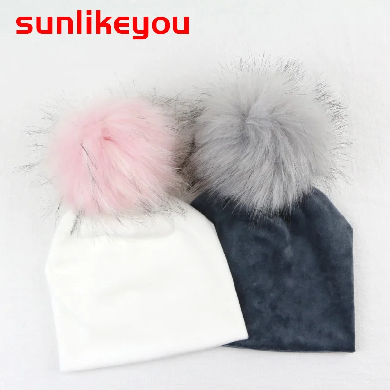 

Sunlikeyou Autumn Winter Thicker Warm Velvet Baby Beanie Hat Bonnet For Kids Boy Girls Faux Fur PomPom Infant Toddler Cotton Hat