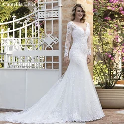 African Lace Mermaid Wedding Dress Illusion Back Long Sleeves Bride Dress For Women 2022 Bridal Gown Button Vestidos De Novia