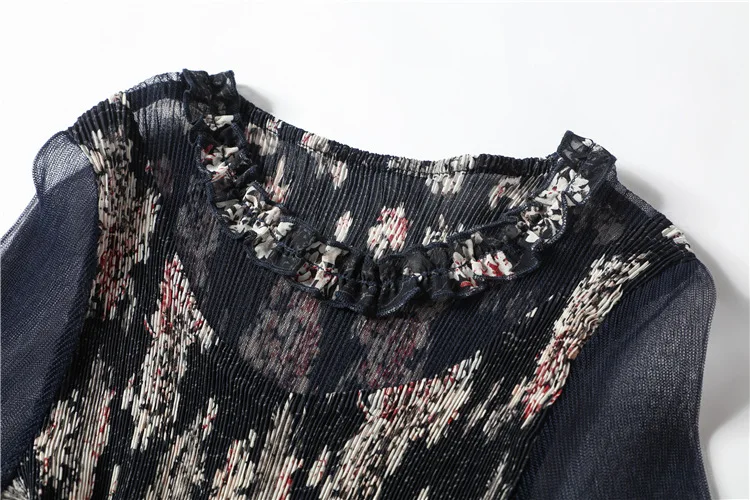 Mesh Patchwork Print Dress Pleated Short Sleeves Knee-Length O-Neck Women Dresses Autumn Plus Size Floral Elegant Dress