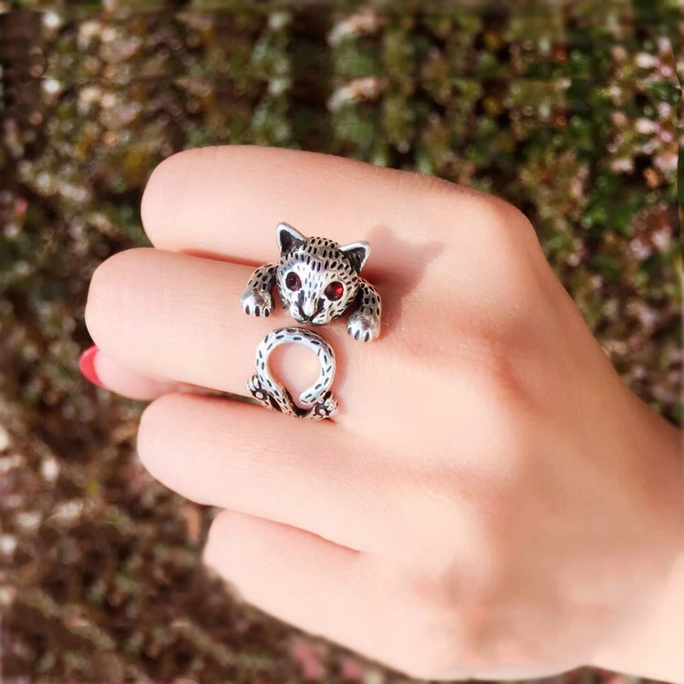 DreamySky Bijoux Boho стильные 925 пробы серебряные большие кольца в виде кошки для женщин Подарки большие Регулируемые кольца на палец