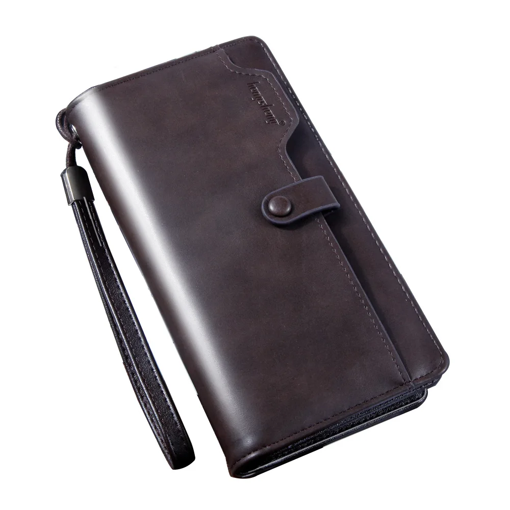 New Long Business Men's Leather Wallet With Coin Pocket Big Capacity Man Phone Purse Fashion Zipper Clutch Bag For Male - Цвет: Coffee