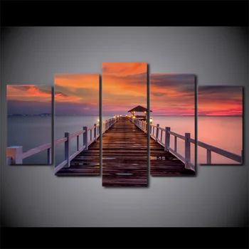 

5 Panel Canvas Art Sea Wooden Walkway Bridge Sunset Painting Wall Pictures For Living Room Canvas Painting
