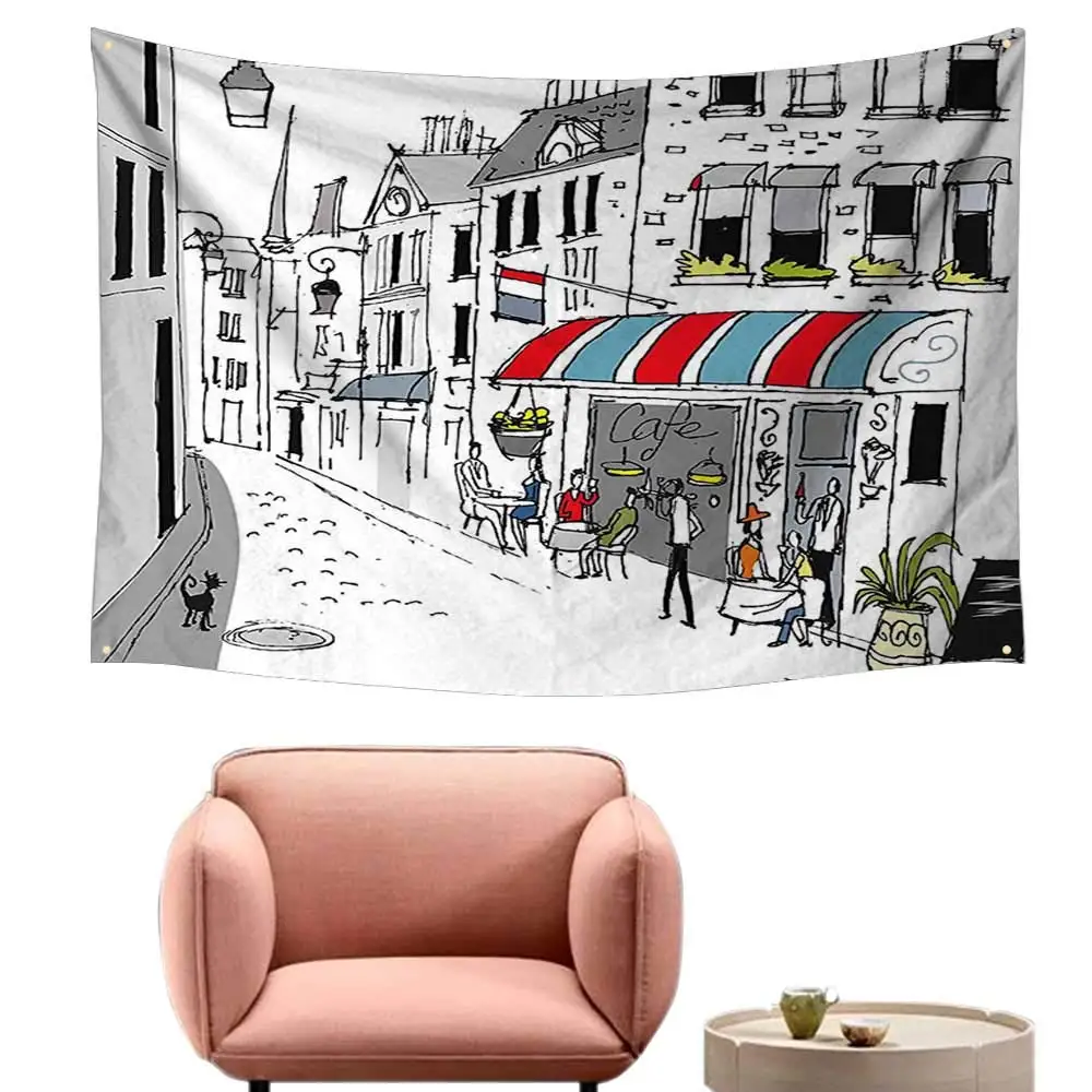 Cool Wall Tapestry Drawing of A Street in Paris A Cafe and The Street Lamp