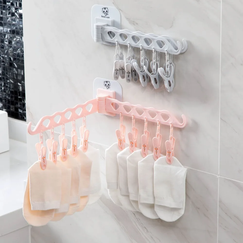 Bathroom 10 Clips Foldable Clothes Rack Hanger Laundry Folding Wall Underware Clothespin Mount Drying  Holder for Bra Socks 2