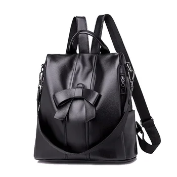 

Black PU Leather Backpack Ladies Solid Color Shoulder Bag Casual Travel Anti-Theft Knot Knapsack Accessories