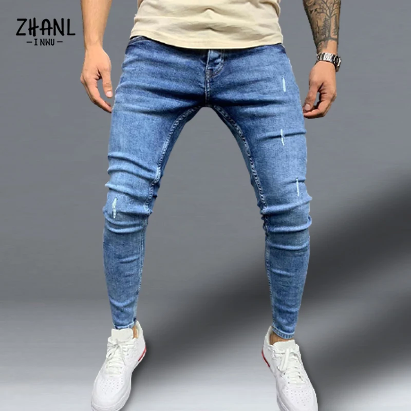 Fashion Street Mens Zipper Skinny Stretch Jeans Casual Slim Fit Denim Trousers Vintage wash Solid Scratched High Quality Jean