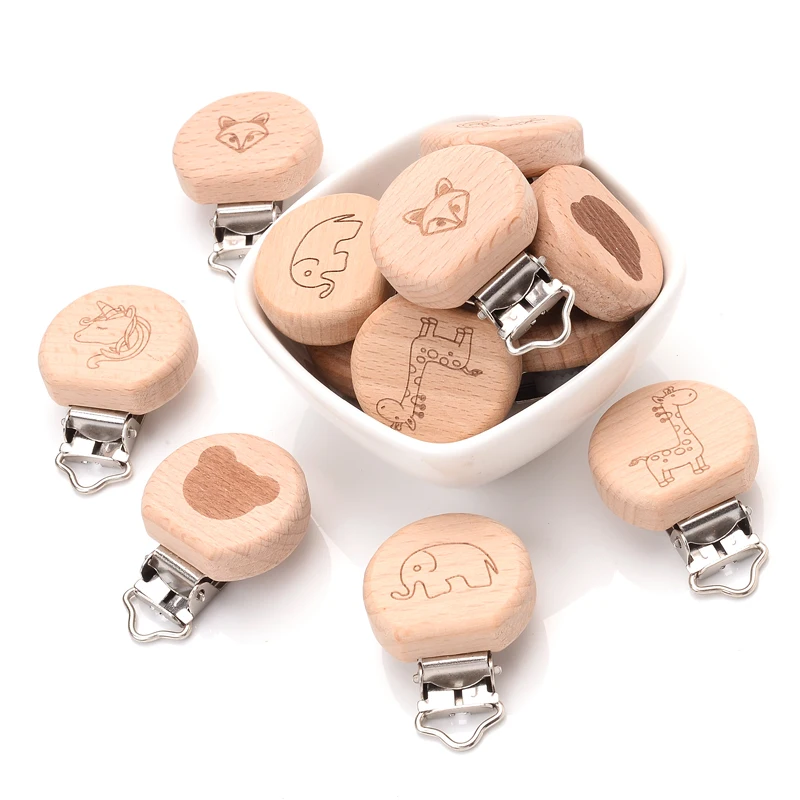 5Pcs/Lot Beech Wood Pacifier Clip Animal Small Elephant Heart Pattern Pacifier Clips for Baby DIY Pacifier Chain Accessories 2
