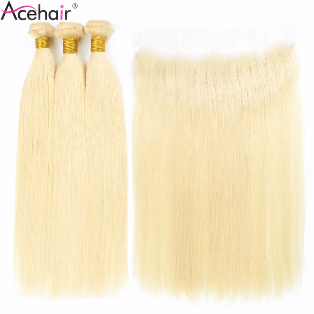 Acehair Bundles with Closure 613 Honey Blonde Indian Straight 10-30 inch Remy Human Hair Weave Lace Frontal Closure with 3 Bu