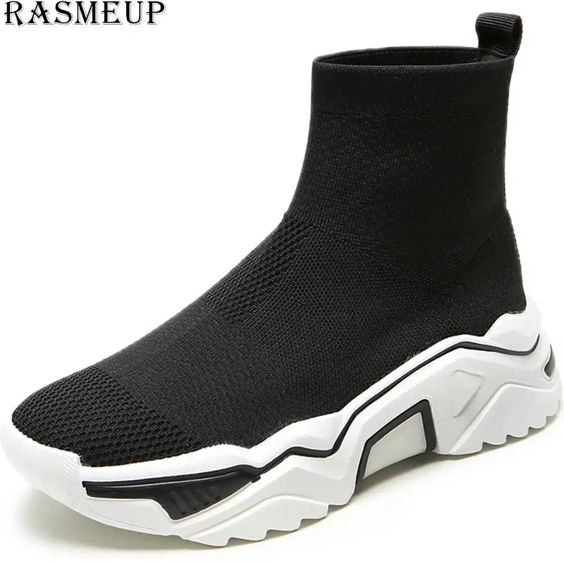 RASMEUP трикотажные женские носки кроссовки на платформе Модные дышащие женские не сужающиеся книзу кроссовки повседневная женская обувь - Цвет: Черный