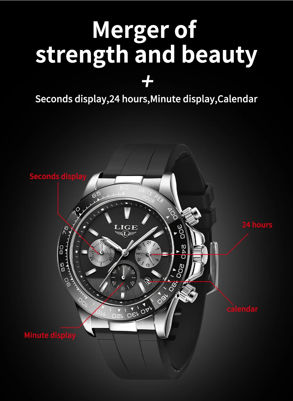 LIGE Luxury Brand Watch Men Casual Quartz Chronograph Big Dial Wristwatch Silicone Band Sport Waterproof Clock Relogio Masculino