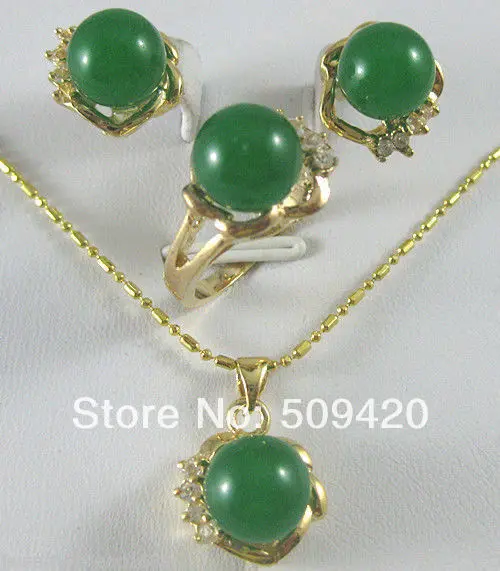 

New Green jade black stone Earrings&Ring&Necklace Pendant Set AAA