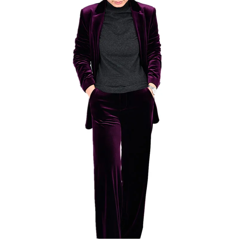 

Women Pant Suits Purple Velvet Women Ladies Business Office Work Wear Formal Outfit For Weddings Tuxedos Blazer Fashion Suits