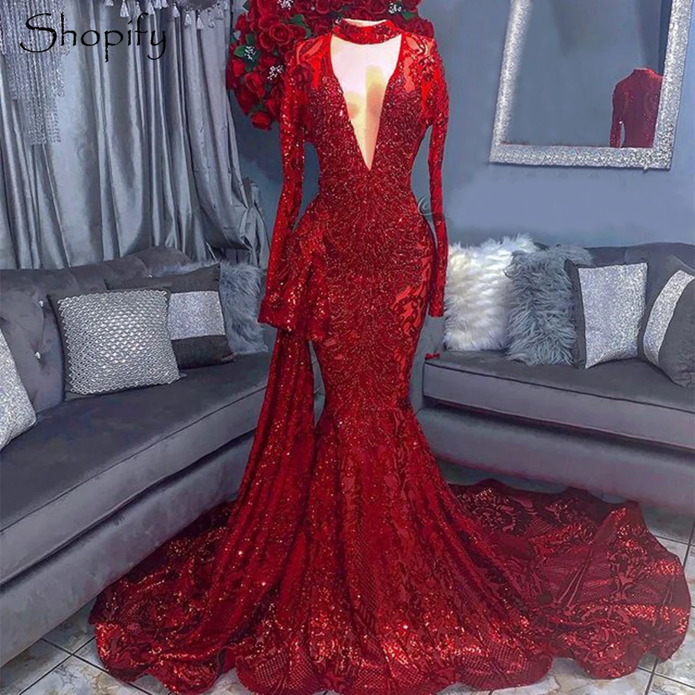 beautiful prom dresses Sexy Mermaid Long Sleeve Red Sparkly Sequin Floor Length African Black Girls Long Prom Dresses 2022 With Train green ball gown