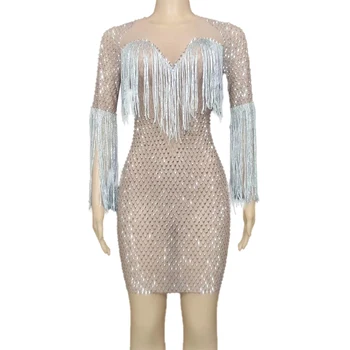 

Luxury Rhinestone Fringe Short Dresses for Women Half Sleeves Birthday Celebrate Outfit Women Nightclub DS Dance Show Dress