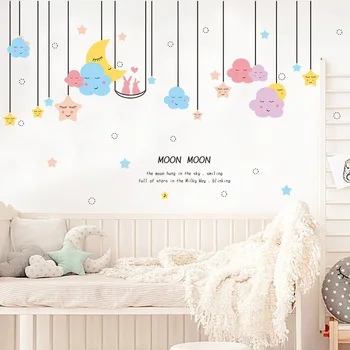 

128*72cm Cartoon Moon Stars Cloud Home Decor for Kids Room Lovley Rabbit Wall Stickers Art Wall Design PVC Vinyl Wallpapers