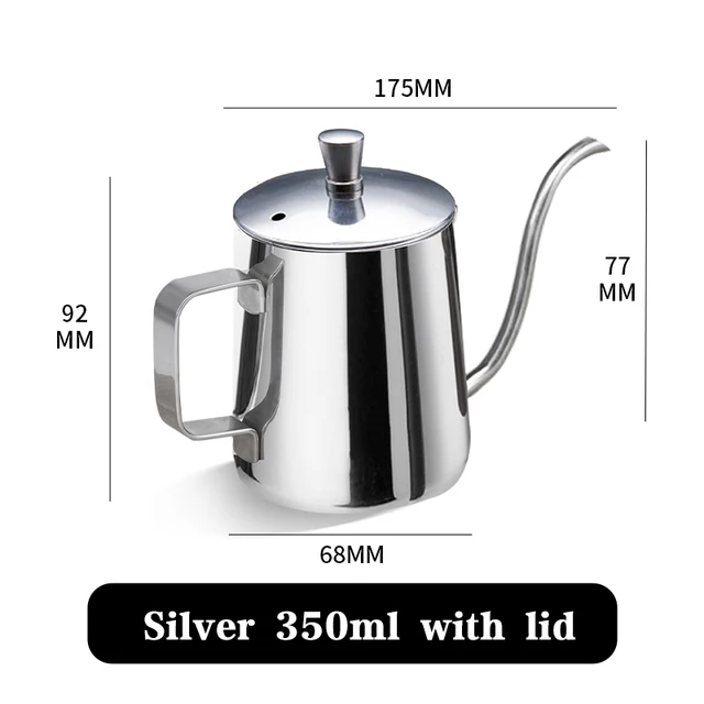 Drip Kettle 350ml 600ml Hand Make Coffee Tea Pot Non-stick Coating Food Grade Stainless Steel Gooseneck Drip Kettle Thin Mouth silver 350ml and lid