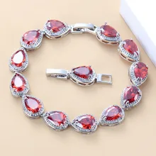 Капля воды звено браслет 925 пробы серебряные ювелирные изделия Шарм Свадебный красный гранат CZ для женщин свадебный костюм