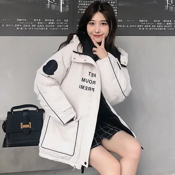 

2019 Ins Loose Cotton-padded Down Women Winter Coat Parka Women's Jackets Spring Autumn Letter Printed Pocket Jacket With A Hood