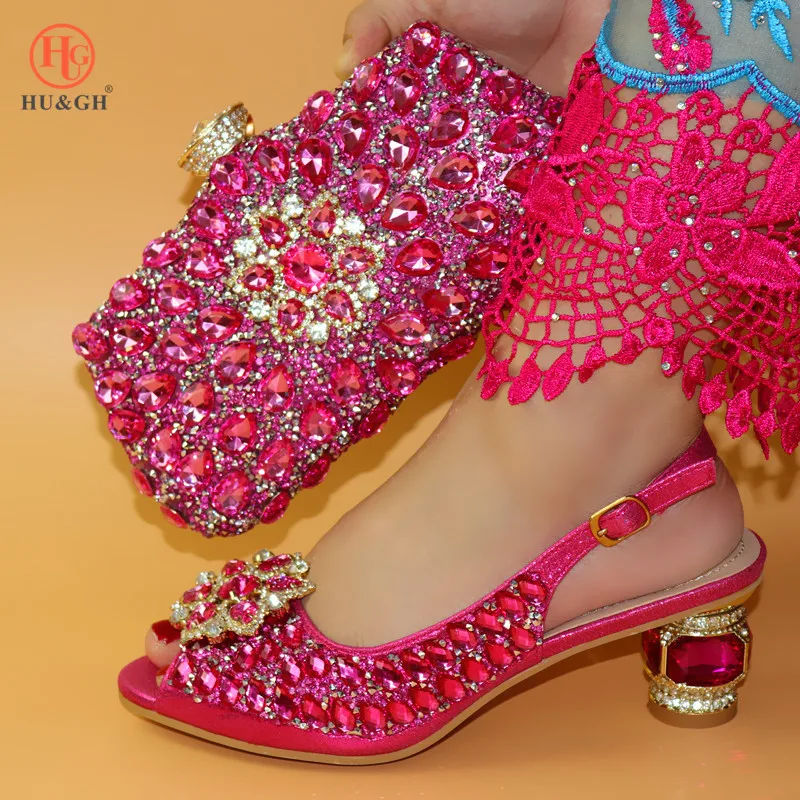 2019 Nigerian Shoes With Matching Bags Set African Women's Party and Bag Sets Fuchsia Color Women Sandals And Handbag | Обувь
