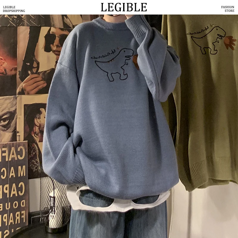 LEGIBLE, новинка, Осенний хип-хоп Однотонный свитер для мужчин, повседневные свободные мужские свитера с круглым вырезом, вязаные пуловеры для мужчин