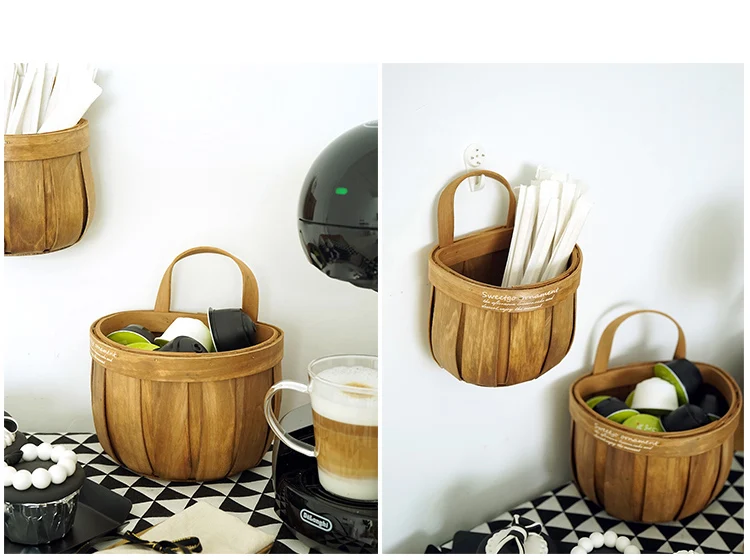 Storage basket wooden hanging storage bag small things coffee storage bag home coffee shop decoration accessories WF1122339