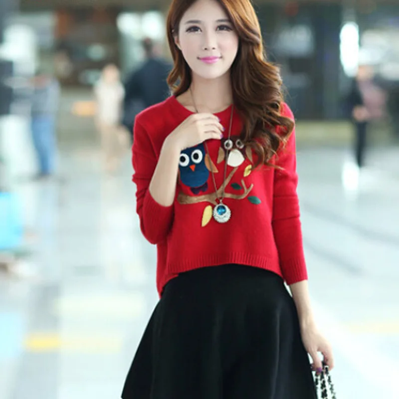 

Autumn Long Sleeve Women Sweater Round Neck Pullover Sweater Female Cartoon Owl Knit Bottoming Sweater