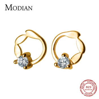 

Modian Dazzling AAA Zircon Stud Earring for Women Real 925 Sterling Silver Gold Color Leaves Ear Pin Korea Style Fine Jewelry