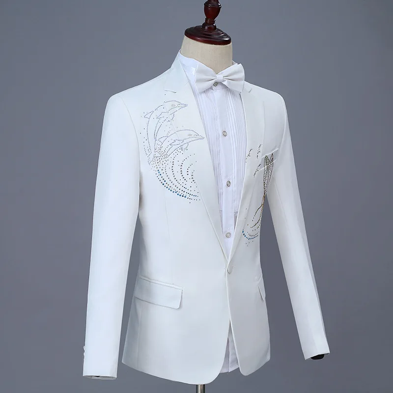 Персонализированные кристаллы животный узор белый Slim Fit для мужчин свадебное платье костюм наборы мужской большой размер формальный