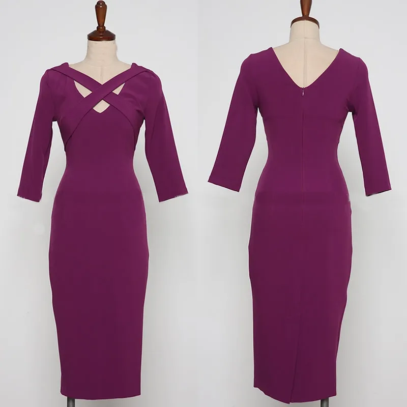 Зимнее фиолетовое платье с вырезом и рукавом 3/4, Vestidos, женские облегающие Вечерние Платья До Колена