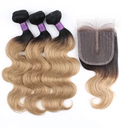 Bobbi conjunto de cabelo humano, 3 pacotes com fecho de renda, parte média, 200 g/conjunto, ondulado do corpo, loiro mel ombré, 12 22 polegadas, remy