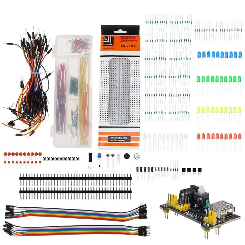 

Electronics Component Basic Starter Kits with 830 Tie-points Breadboard Cable Resistor Capacitor LED Potentiometer Accessory