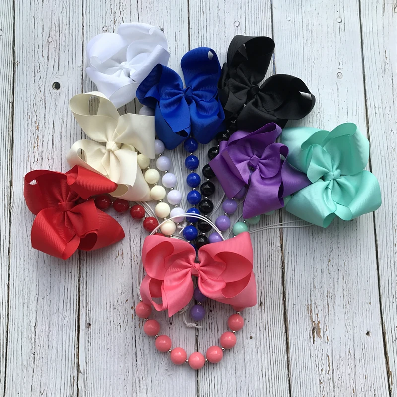 Baby Girl Accessories Solid 6inch JOJObow Clip with Handmade Adjustable Bubble Beads Necklace in Sets