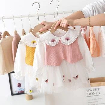 

Girls Princess Clothes Set 2020 Spring Children Kids Baby Infants Long Sleeve Mesh Dress+Knitwear Waistcoat Outwear 2pcs S10676