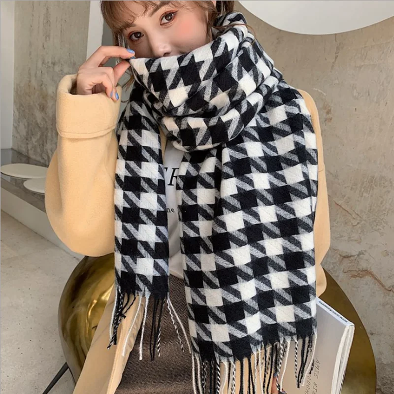 

November 2020 New Plaid Imitation Cashmere Lengthened and Widened Shawl Fringed Fashion Scarf Trend Wild Bib Hat Winter Women's