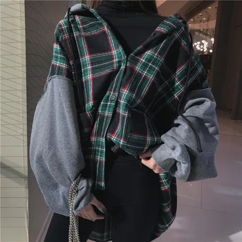 

Plaid Hoodies Kpop Sweatshirt Gothic Hoodies Women Oversized Streetwear Harajuku Korean Thicker Patchwork Batwing Sleeve Trendy