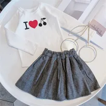 Весенне-осенняя белая рубашка Топ+ серая Однотонная юбка комплект детской одежды для маленьких девочек I Love Cherry, брендовая одежда