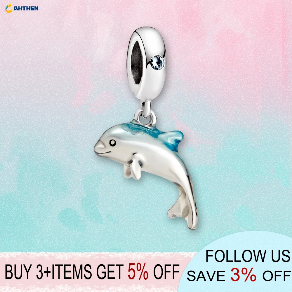 

2020 Summer New S925 Sterling Silver Beads Shimmering Dolphin Dangle Charms fit Original Pandora Bracelets Women DIY Jewelry
