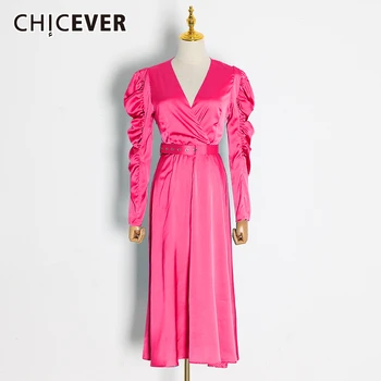 

CHICEVER Sexy Party Women Dress V Neck Puff Long Sleeve High Waist With Sashes Long Ruched Dresses Female 2020 Fashion Clothing