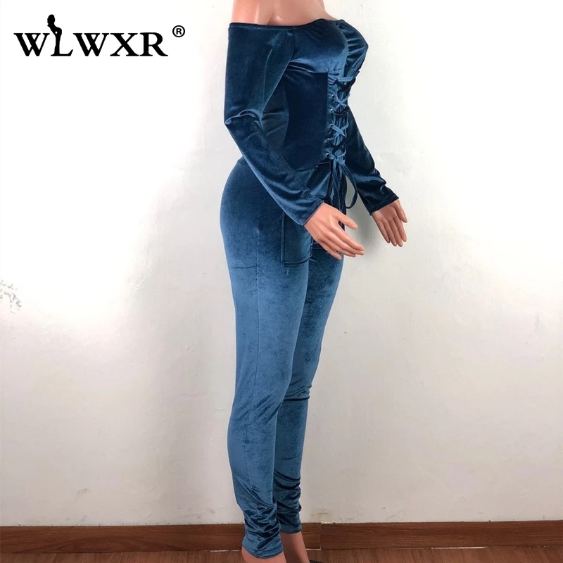 WLWXR бархатный красный бандаж сексуальный комбинезон женский с открытыми плечами облегающий с длинным рукавом Зимний женский комбинезон женские Комбинезоны