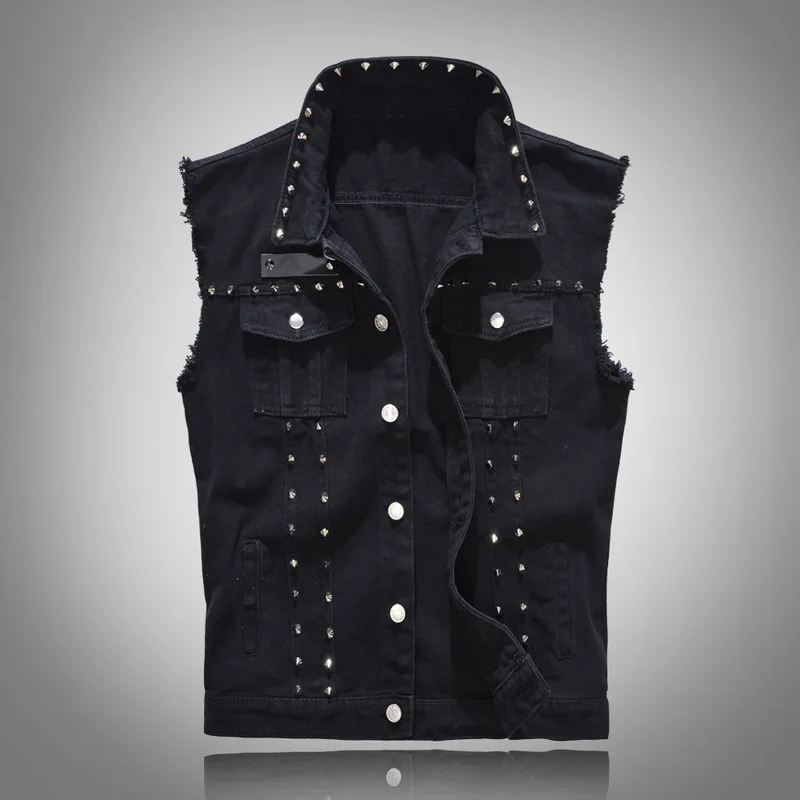 

2019 Men Jackets Vest Mens Motorcycle Sleeveless Jeans Jacket Fashion Rock Rivet Denim Vests Punk Style Cowboy Jeans Waistcoat