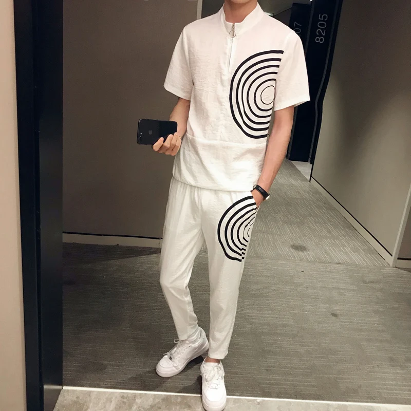 Zomer Chinese Stijl Effen Kleur Erkek Giyim Mode уличная одежда Ropa De Hombre комплект Mannen футболка+ Broek комплект из 2 предметов heren Kleding