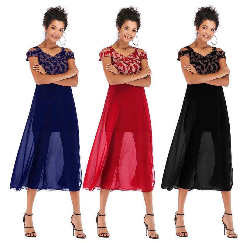 

Hot Selling 2020 New Style Spring Europe And America WOMEN'S Dress Horizontal Neck off-Shoulder Formal Dress Mesh Dress Women's