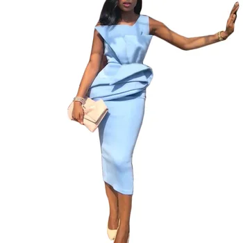 

Women Elegant Office Dress Female 2020 Short Sleeveless O Neck Solid Blue Bodycon Sheath Plus Size Casual Work Dress Vestito