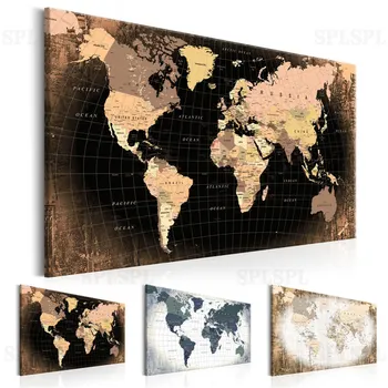 

Modern Wall Art Single Pieces Decoration Canvas Painting World Map with Meridian and Parallel Office Living Room Poster Decor
