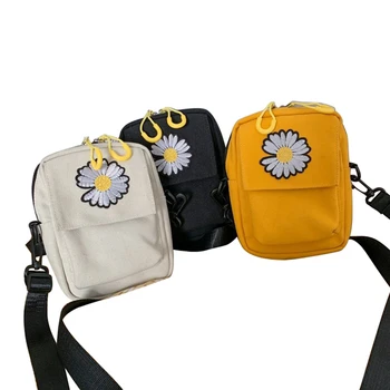 

2020 Summer New Women Daisy Flower Embroidery Crossbody Bag Ladies Fashion Small Canvas Shoulder Messenger Handbags Tote Satchel