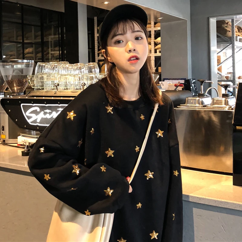 

Patchwork Embroidery Sequined Star Sequin Sweatshirt Korean Clothes Long Sleeve Loose Hoodies 2019 Streetwear Kawaii Pullover