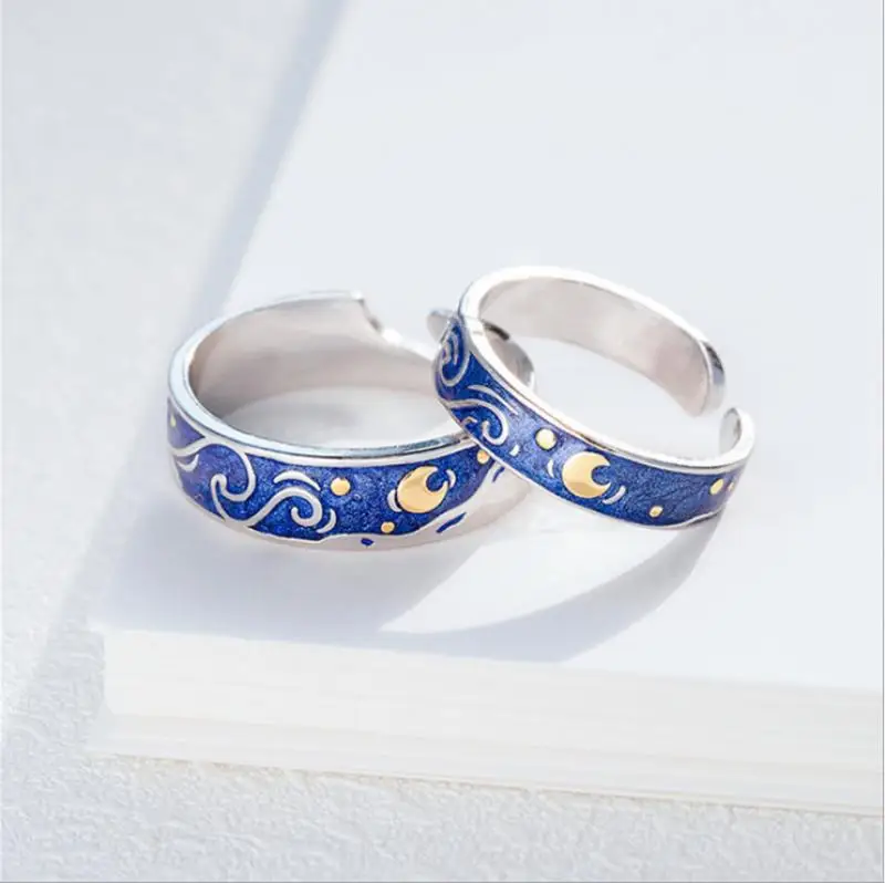 

Van Gogh Starry Sky Ring Men's Women's Couple Rings Galaxy Moon Pattern Ring Accessories Party Jewelry Opening Adjustable