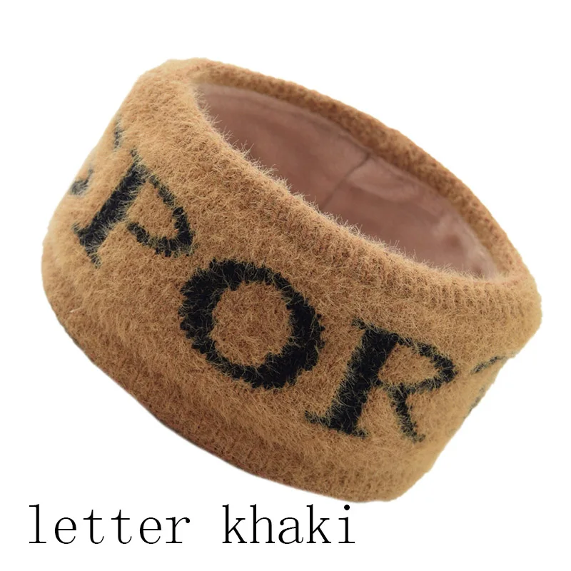 letter khaki Зимняя Толстая Теплая повязка для волос, Женская повязка на голову с леопардовым принтом, эластичный тканый обруч для волос, тюрбан, Теплый головной убор для девочек - Цвет: letter khaki